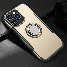 Silikon Hülle Handyhülle und Kunststoff Schutzhülle Hartschalen Tasche mit Magnetisch Ständer A08 für Apple iPhone 14 Pro Gold