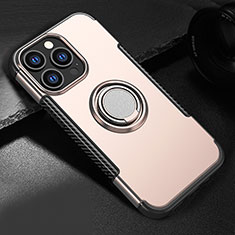 Silikon Hülle Handyhülle und Kunststoff Schutzhülle Hartschalen Tasche mit Magnetisch Ständer A08 für Apple iPhone 14 Pro Max Rosegold