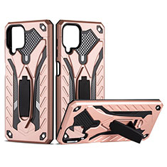 Silikon Hülle Handyhülle und Kunststoff Schutzhülle Hartschalen Tasche mit Magnetisch Ständer für Samsung Galaxy A12 Nacho Rosegold