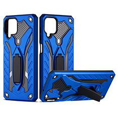 Silikon Hülle Handyhülle und Kunststoff Schutzhülle Hartschalen Tasche mit Magnetisch Ständer für Samsung Galaxy F12 Blau