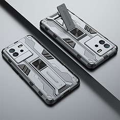 Silikon Hülle Handyhülle und Kunststoff Schutzhülle Hartschalen Tasche mit Magnetisch Ständer KC1 für Vivo iQOO Neo6 5G Grau