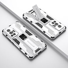 Silikon Hülle Handyhülle und Kunststoff Schutzhülle Hartschalen Tasche mit Magnetisch Ständer KC1 für Vivo X70 Pro 5G Silber