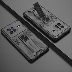 Silikon Hülle Handyhülle und Kunststoff Schutzhülle Hartschalen Tasche mit Magnetisch Ständer KC1 für Vivo X80 5G Schwarz
