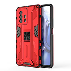 Silikon Hülle Handyhülle und Kunststoff Schutzhülle Hartschalen Tasche mit Magnetisch Ständer KC1 für Xiaomi Mi 11T 5G Rot