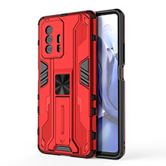 Silikon Hülle Handyhülle und Kunststoff Schutzhülle Hartschalen Tasche mit Magnetisch Ständer KC1 für Xiaomi Mi 11T Pro 5G Rot