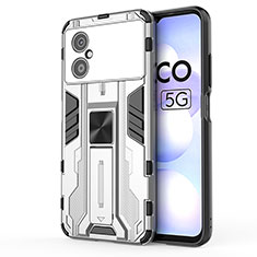 Silikon Hülle Handyhülle und Kunststoff Schutzhülle Hartschalen Tasche mit Magnetisch Ständer KC1 für Xiaomi Poco M4 5G Silber