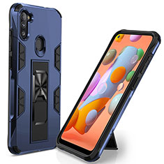 Silikon Hülle Handyhülle und Kunststoff Schutzhülle Hartschalen Tasche mit Magnetisch Ständer MQ1 für Samsung Galaxy A11 Blau