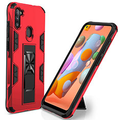 Silikon Hülle Handyhülle und Kunststoff Schutzhülle Hartschalen Tasche mit Magnetisch Ständer MQ1 für Samsung Galaxy A11 Rot