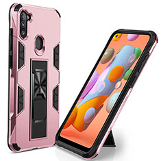 Silikon Hülle Handyhülle und Kunststoff Schutzhülle Hartschalen Tasche mit Magnetisch Ständer MQ1 für Samsung Galaxy M11 Rosegold