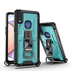 Silikon Hülle Handyhülle und Kunststoff Schutzhülle Hartschalen Tasche mit Magnetisch Ständer Q01W für Samsung Galaxy A10s Hellblau