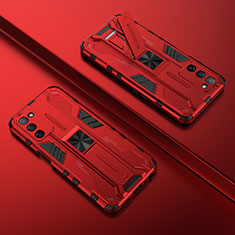 Silikon Hülle Handyhülle und Kunststoff Schutzhülle Hartschalen Tasche mit Magnetisch Ständer T01 für Oppo A55 5G Rot