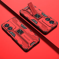 Silikon Hülle Handyhülle und Kunststoff Schutzhülle Hartschalen Tasche mit Magnetisch Ständer T01 für Oppo A97 5G Rot
