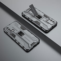 Silikon Hülle Handyhülle und Kunststoff Schutzhülle Hartschalen Tasche mit Magnetisch Ständer T01 für Oppo F19 Grau