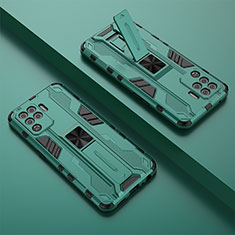 Silikon Hülle Handyhülle und Kunststoff Schutzhülle Hartschalen Tasche mit Magnetisch Ständer T01 für Oppo F19 Pro Grün