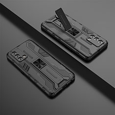 Silikon Hülle Handyhülle und Kunststoff Schutzhülle Hartschalen Tasche mit Magnetisch Ständer T01 für Oppo F19 Schwarz