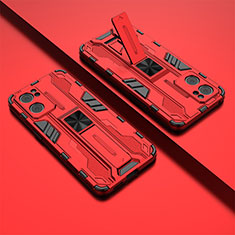 Silikon Hülle Handyhülle und Kunststoff Schutzhülle Hartschalen Tasche mit Magnetisch Ständer T01 für Oppo Find X5 Lite 5G Rot