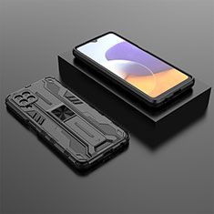 Silikon Hülle Handyhülle und Kunststoff Schutzhülle Hartschalen Tasche mit Magnetisch Ständer T01 für Samsung Galaxy A22 4G Schwarz
