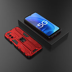 Silikon Hülle Handyhülle und Kunststoff Schutzhülle Hartschalen Tasche mit Magnetisch Ständer T02 für Oppo A55 5G Rot