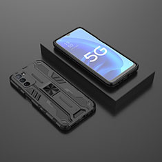 Silikon Hülle Handyhülle und Kunststoff Schutzhülle Hartschalen Tasche mit Magnetisch Ständer T02 für Oppo A56 5G Schwarz