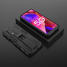 Silikon Hülle Handyhülle und Kunststoff Schutzhülle Hartschalen Tasche mit Magnetisch Ständer T02 für Oppo A74 5G Schwarz