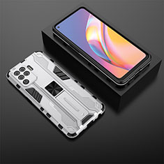 Silikon Hülle Handyhülle und Kunststoff Schutzhülle Hartschalen Tasche mit Magnetisch Ständer T02 für Oppo F19 Pro Weiß