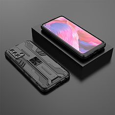 Silikon Hülle Handyhülle und Kunststoff Schutzhülle Hartschalen Tasche mit Magnetisch Ständer T02 für Oppo F19 Schwarz