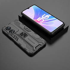 Silikon Hülle Handyhülle und Kunststoff Schutzhülle Hartschalen Tasche mit Magnetisch Ständer T02 für Oppo F23 5G Schwarz