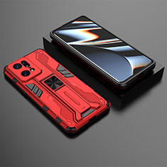 Silikon Hülle Handyhülle und Kunststoff Schutzhülle Hartschalen Tasche mit Magnetisch Ständer T02 für Oppo Find X5 Pro 5G Rot