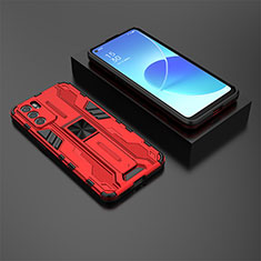 Silikon Hülle Handyhülle und Kunststoff Schutzhülle Hartschalen Tasche mit Magnetisch Ständer T02 für Oppo Reno6 5G Rot