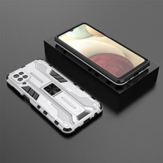 Silikon Hülle Handyhülle und Kunststoff Schutzhülle Hartschalen Tasche mit Magnetisch Ständer T02 für Samsung Galaxy A12 Nacho Weiß