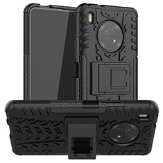 Silikon Hülle Handyhülle und Kunststoff Schutzhülle Hartschalen Tasche mit Ständer A01 für Huawei Y9a Schwarz