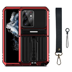 Silikon Hülle Handyhülle und Kunststoff Schutzhülle Hartschalen Tasche mit Ständer A01 für Samsung Galaxy S22 Ultra 5G Rot
