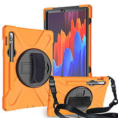 Silikon Hülle Handyhülle und Kunststoff Schutzhülle Hartschalen Tasche mit Ständer A02 für Samsung Galaxy Tab S7 11 Wi-Fi SM-T870 Orange