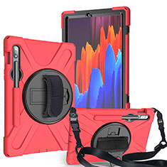 Silikon Hülle Handyhülle und Kunststoff Schutzhülle Hartschalen Tasche mit Ständer A02 für Samsung Galaxy Tab S7 11 Wi-Fi SM-T870 Rot