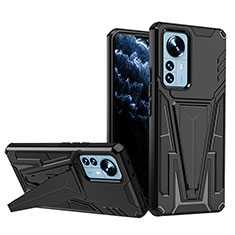 Silikon Hülle Handyhülle und Kunststoff Schutzhülle Hartschalen Tasche mit Ständer A02 für Xiaomi Mi 12S 5G Schwarz