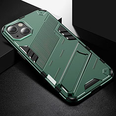 Silikon Hülle Handyhülle und Kunststoff Schutzhülle Hartschalen Tasche mit Ständer A05 für Apple iPhone 13 Grün