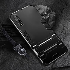 Silikon Hülle Handyhülle und Kunststoff Schutzhülle Hartschalen Tasche mit Ständer für Huawei Y8p Schwarz
