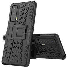 Silikon Hülle Handyhülle und Kunststoff Schutzhülle Hartschalen Tasche mit Ständer für Motorola Moto Edge Lite 5G Schwarz
