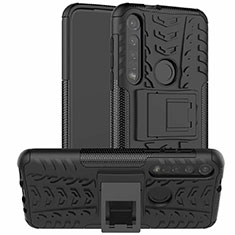 Silikon Hülle Handyhülle und Kunststoff Schutzhülle Hartschalen Tasche mit Ständer für Motorola Moto G8 Plus Schwarz