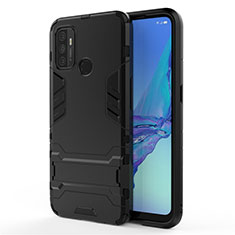 Silikon Hülle Handyhülle und Kunststoff Schutzhülle Hartschalen Tasche mit Ständer für Oppo A11s Schwarz