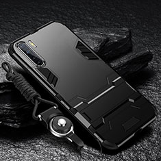 Silikon Hülle Handyhülle und Kunststoff Schutzhülle Hartschalen Tasche mit Ständer für Oppo A91 Schwarz