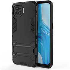 Silikon Hülle Handyhülle und Kunststoff Schutzhülle Hartschalen Tasche mit Ständer für Oppo F17 Pro Schwarz