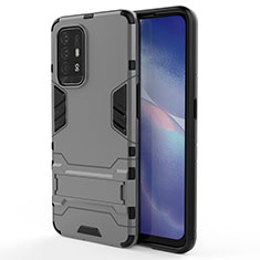 Silikon Hülle Handyhülle und Kunststoff Schutzhülle Hartschalen Tasche mit Ständer für Oppo F19 Pro+ Plus 5G Grau