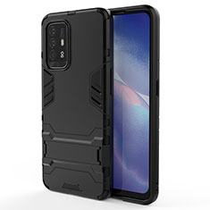 Silikon Hülle Handyhülle und Kunststoff Schutzhülle Hartschalen Tasche mit Ständer für Oppo F19 Pro+ Plus 5G Schwarz