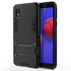 Silikon Hülle Handyhülle und Kunststoff Schutzhülle Hartschalen Tasche mit Ständer für Samsung Galaxy A01 Core Schwarz
