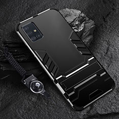 Silikon Hülle Handyhülle und Kunststoff Schutzhülle Hartschalen Tasche mit Ständer für Samsung Galaxy A51 5G Schwarz