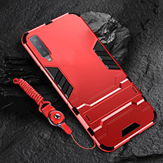 Silikon Hülle Handyhülle und Kunststoff Schutzhülle Hartschalen Tasche mit Ständer für Samsung Galaxy A7 (2018) A750 Rot
