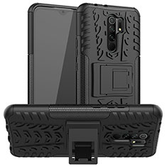 Silikon Hülle Handyhülle und Kunststoff Schutzhülle Hartschalen Tasche mit Ständer für Xiaomi Poco M2 Schwarz