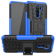 Silikon Hülle Handyhülle und Kunststoff Schutzhülle Hartschalen Tasche mit Ständer für Xiaomi Redmi 9 Prime India Blau