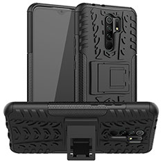 Silikon Hülle Handyhülle und Kunststoff Schutzhülle Hartschalen Tasche mit Ständer für Xiaomi Redmi 9 Prime India Schwarz